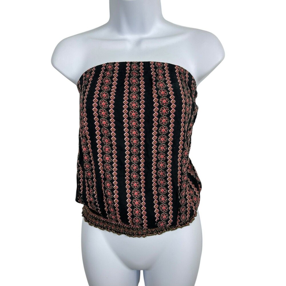 Kirra Pacsun Strapless Blouson Tube Top Black Pink Striped Floral Top XS